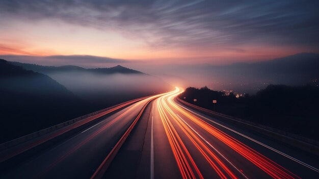 Photographie à longue exposition sur la route de nuit