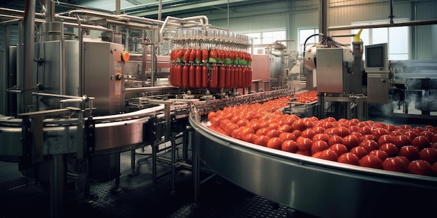 photographie d'une machine de remplissage de jus de tomate dans des installations industrielles