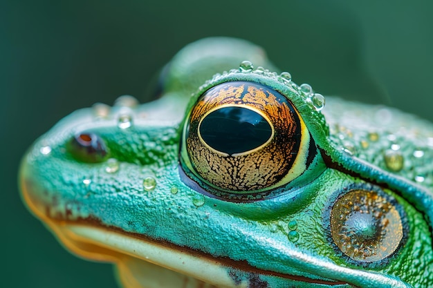 Photographie macro en gros plan d'une grenouille verte vibrante avec de la rosée sur la peau et une texture oculaire détaillée