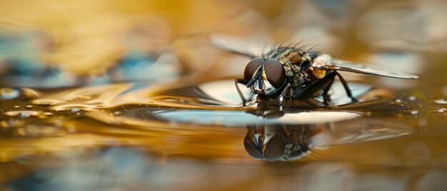 Photographie macro d'une mouche domestique debout sur une surface humide avec des gouttelettes d'eau moelleuse et un fond bokeh doux