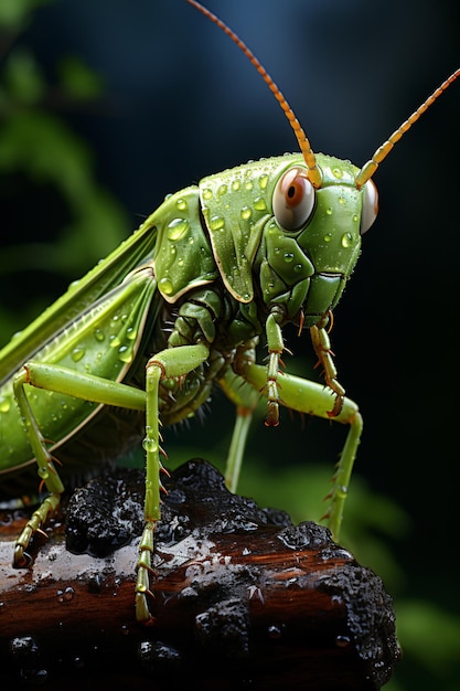 Photographie macro sauterelle verte sur un fond sombre