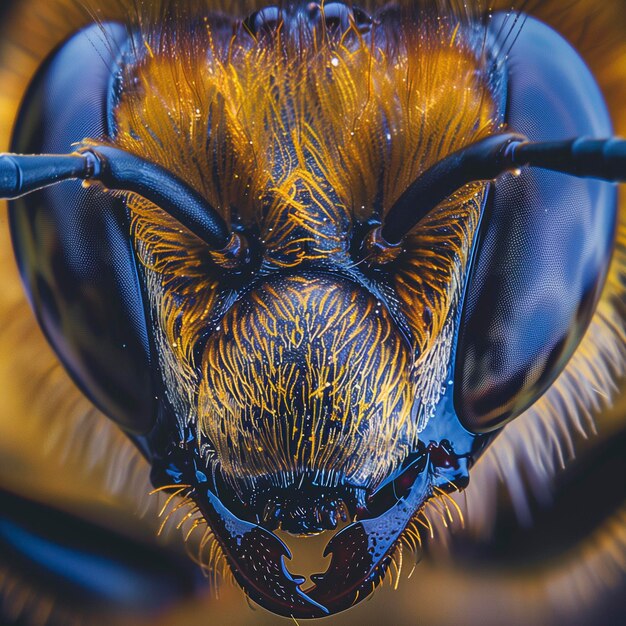 Photo photographie macro de la tête d'abeille sur un fond naturel