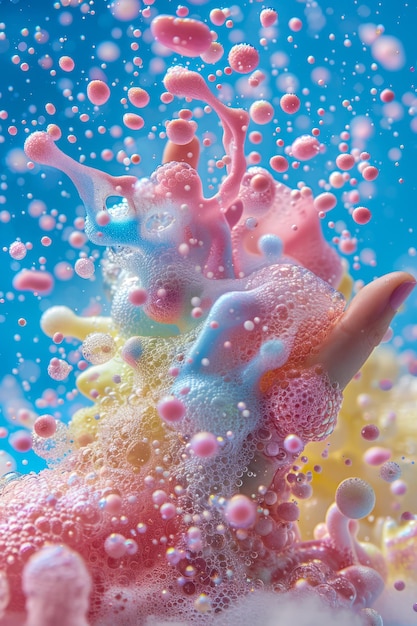 Photographie macro vivante de mousses de savon et de bulles abstraites colorées sur un fond bleu