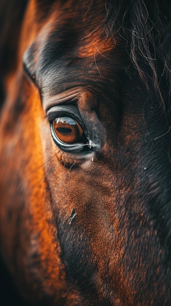 Une photographie macro des yeux d'un cheval