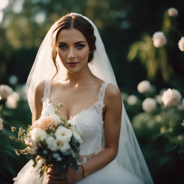 Photographie de la mariée tenant un bouquet Arrière-plan flou