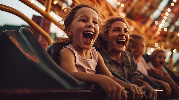 photographie d'une mère et de ses enfants montant des montagnes russes dans un parc d'attractions