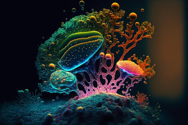 Photographie microscopique des bactéries bio luminescentes vivantes.