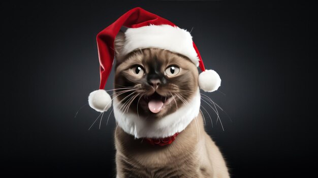 une photographie d'un mignon chat brun souriant portant le costume du Père Noël