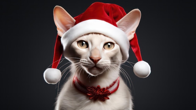 Photo une photographie d'un mignon chat à cheveux courts oriental souriant et heureux portant un costume de père noël