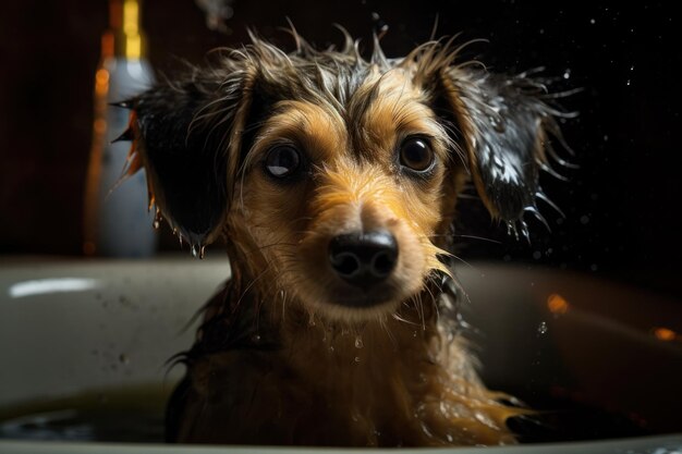 Photographie d'un mignon chien mouillé dans une baignoire avec de la mousse