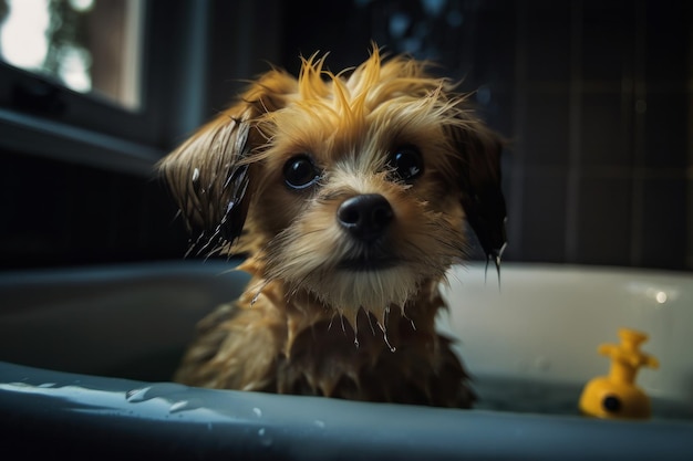 Photographie d'un mignon chien mouillé dans une baignoire avec de la mousse