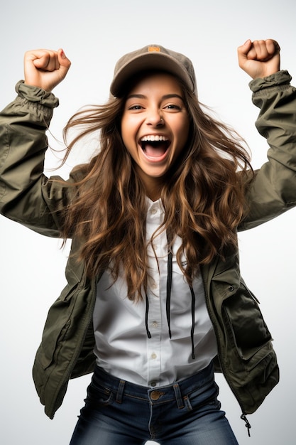 Photo photographie minimaliste d'une adolescente avec une expression excitée isolée sur fond blanc