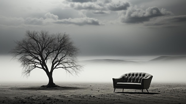 Photographie minimaliste rêveuse et romantique d'un arbre solitaire dans le désert