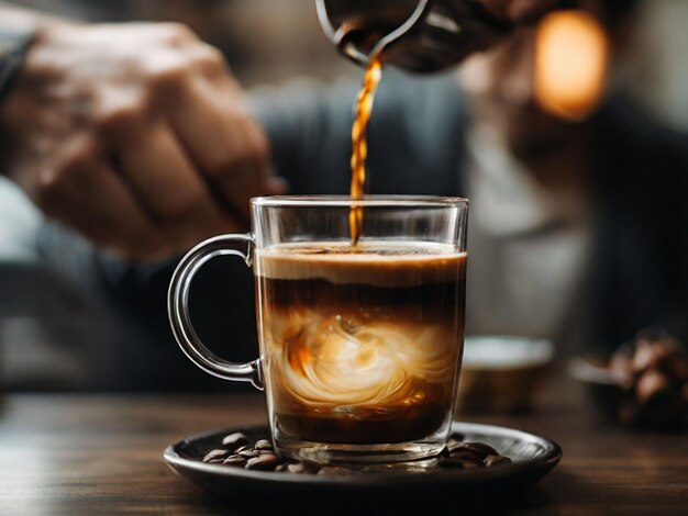 photographie de mise au point peu profonde d'une personne versant du café sur une tasse en verre transparent