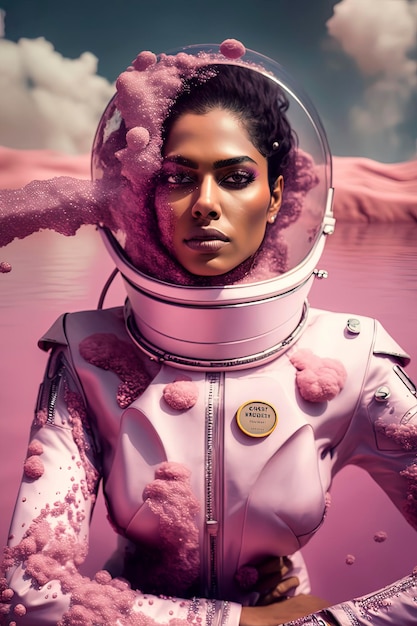 Photo photographie de mode éditoriale d'un mannequin indien portant une suite spatiale haute couture sur une planète d'eau rose dans l'espace aigenerated