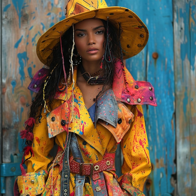 Photographie de mode éditoriale de la tenue du festival Holi d'avant-garde avec des éclaboussures de couleurs