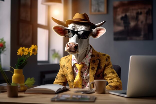 Photographie de mode d'une vache anthropomorphe habillée en vêtements de femme d'affaires au bureau