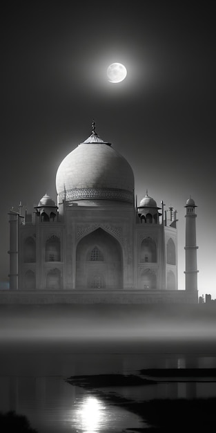Une photographie monochrome haute définition du Taj Mahal pendant une nuit de pleine lune enveloppée de brouillard