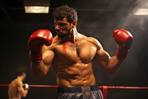 Photo cette photographie montre un boxeur posant avec intimidation et confiance après avoir remporté un match de boxe.