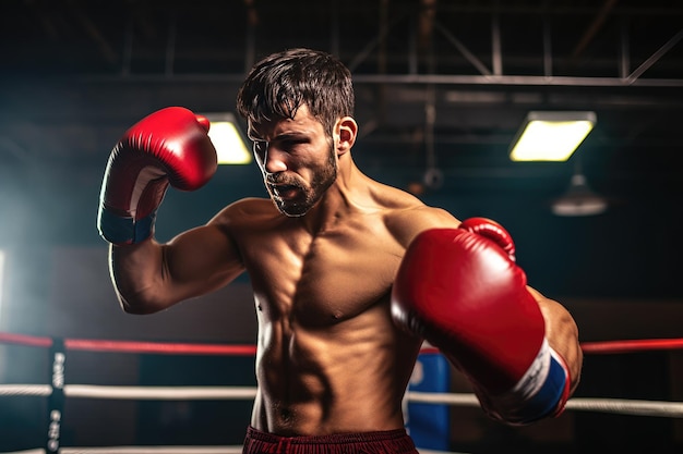 Cette photographie montre un boxeur posant avec intimidation et confiance après avoir remporté un match de boxe.