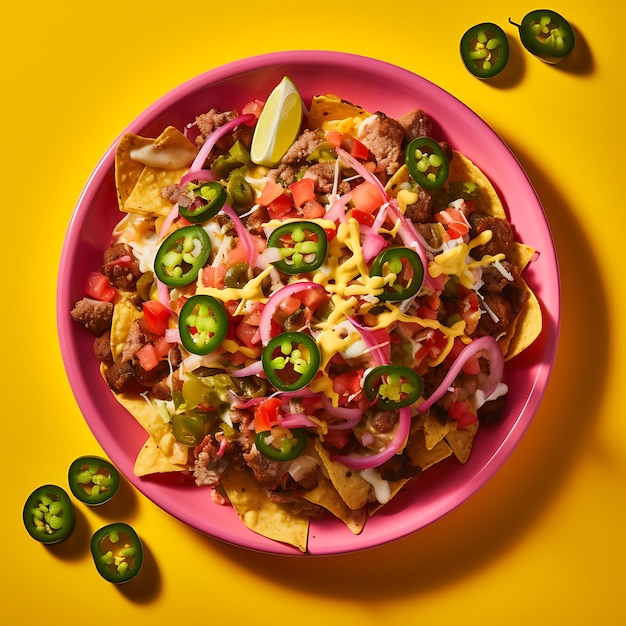 Photographie de nachos mexicains avec un fond coloré