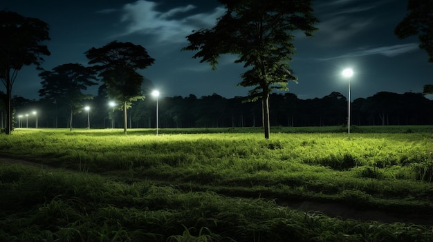 Photographie nocturne d'un énorme champ d'arbres dans la campagne de Singapour