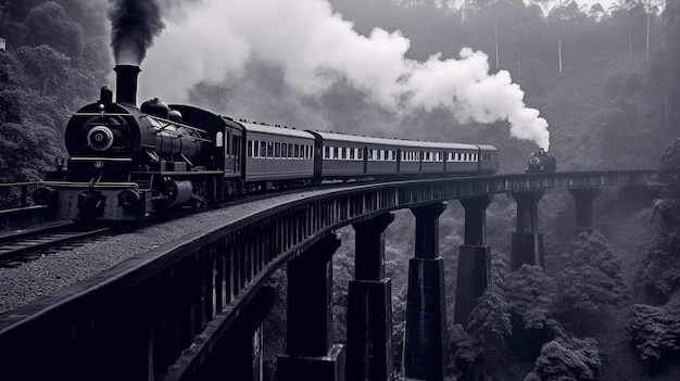 Une photographie en noir et blanc du vieux train à vapeur sur le pont en arc