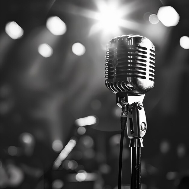 Photographie en noir et blanc d'un microphone dans un club