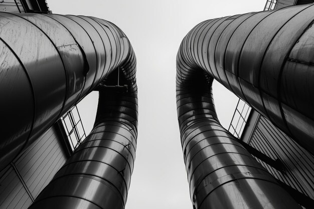 Photo une photographie en noir et blanc montrant deux grands tuyaux debout verticalement sur un fond plat des tuyaux industriels en contraste avec des structures architecturales minimalistes