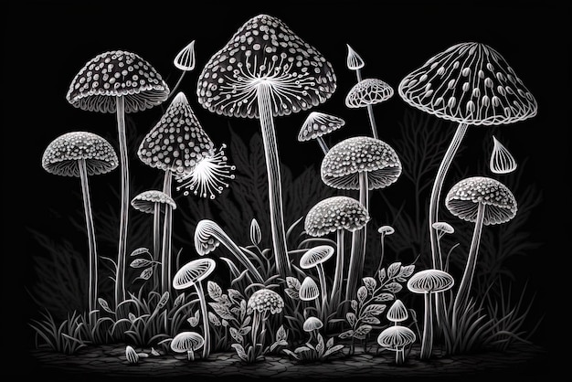 Photo la photographie en noir et blanc montre un groupe de petits champignons à motifs délicats poussant dans une forêt.