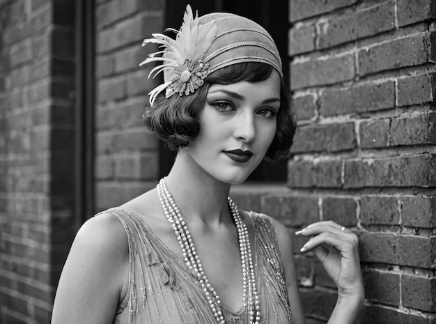 Photographie en noir et blanc d'une personne habillée à la mode des années 1920 générée par l'IA