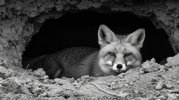 Une photographie en noir et blanc d'un renard dans la nature