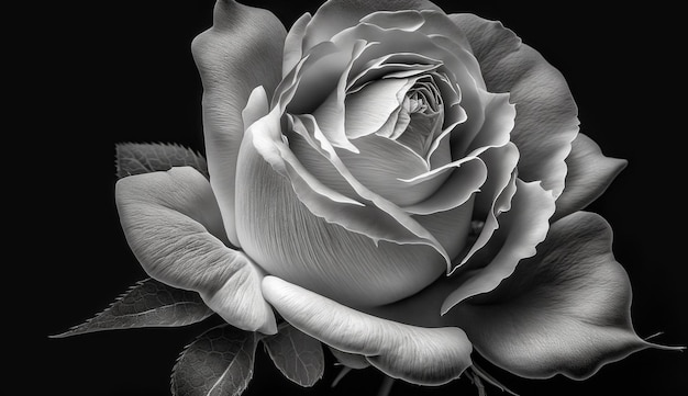 Une photographie en noir et blanc d'une rose avec le mot amour dessus.