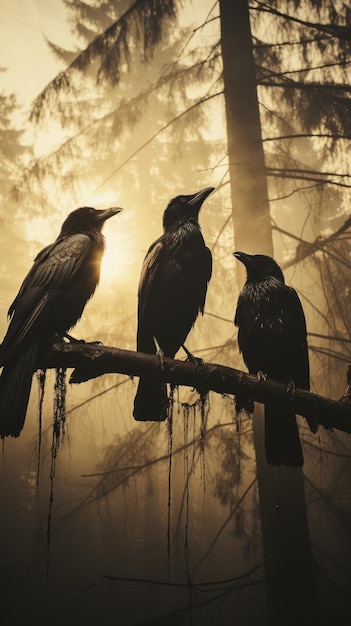 Une photographie en noir et blanc de trois corbeaux debout sur une branche au milieu d'une forêt Créé avec Generative AI