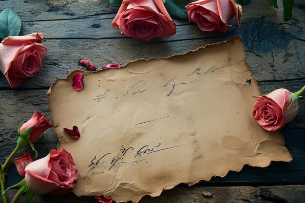 Photo une photographie d'une note manuscrite sur une feuille de papier placée au milieu d'un arrangement de roses une lettre d'amour vintage entourée de roses sur une table en bois rustique