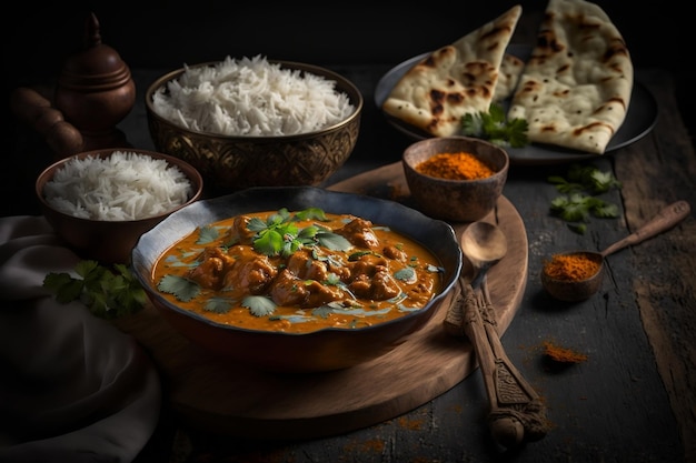 Photographie de nourriture sombre de poulet au beurre indien avec riz basmati et pain naan Generative AI