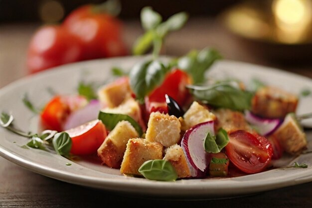 La photographie de la nourriture tentante de la salade de Panzanella en gros plan