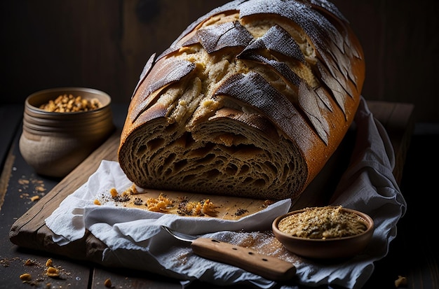 Photographie d'un pain fraîchement cuit à la maison dégagant de la chaleur et du confort sur une table en bois rustique