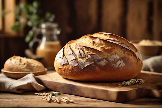 Photographie d'un pain fraîchement cuit à la maison dégagant de la chaleur et du confort sur une table en bois rustique