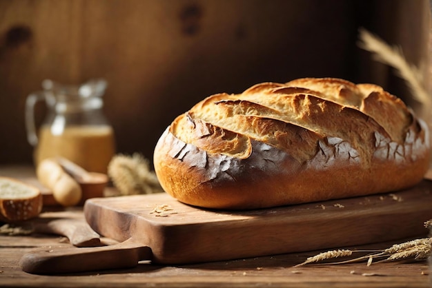 Photographie d'un pain fraîchement cuit à la maison dégagant de la chaleur et du confort sur une table en bois rustique