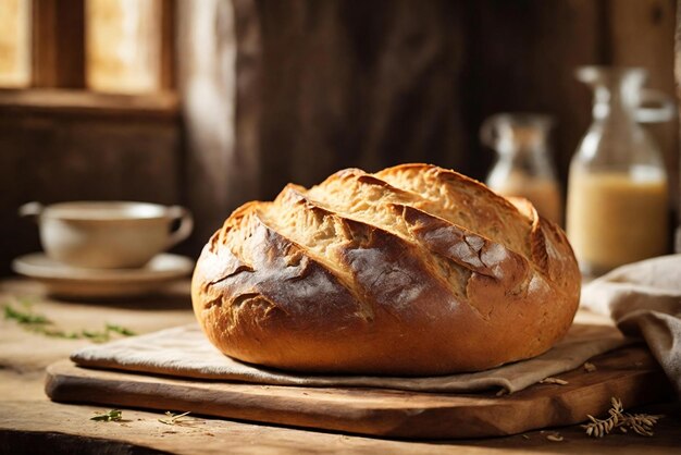 Photographie d'un pain fraîchement cuit à la maison dégagant de la chaleur et du confort sur une table en bois rustique