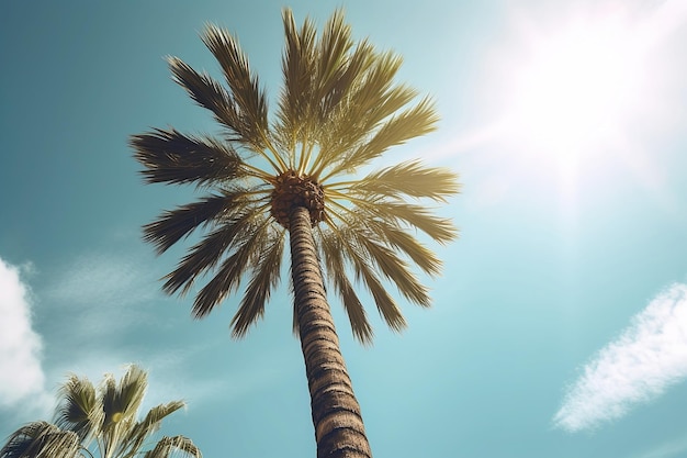 Photographie d'un palmier avec un ciel bleu vif généré par l'IA