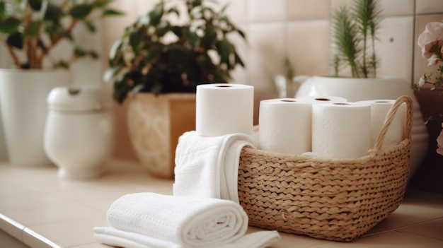 Photographie d'un panier avec des rouleaux de papier sur un récipient de toilette en céramique dans une salle de bain moderne