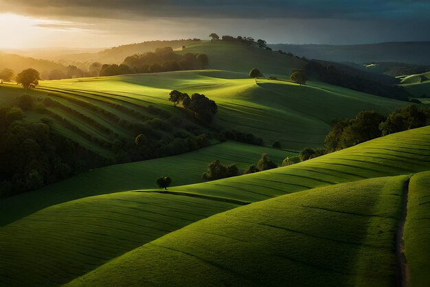 Une photographie de paysage d'un champ vert avec un coucher de soleil en arrière-plan.