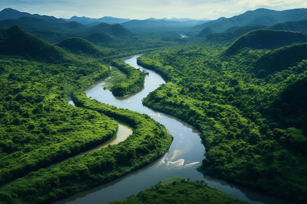 Photographie de paysage de forêts tropicales avec des rivières sinueuses