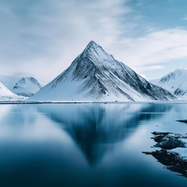 photographie de paysage minimaliste capturant la convergence harmonieuse des montagnes de mer et de la neige