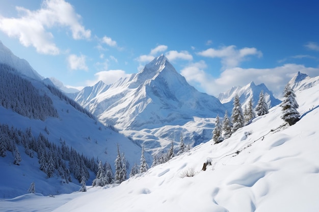 Photographie de paysages de montagne avec de la neige fraîche et un ciel bleu