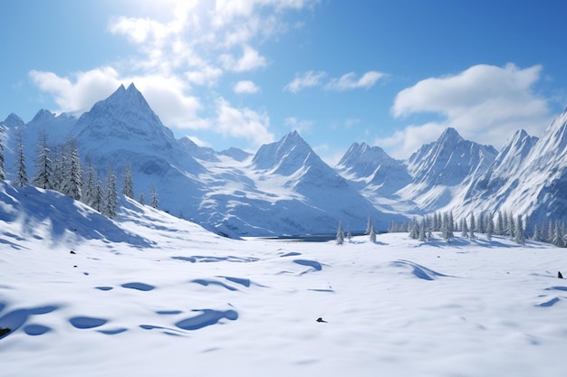 Photographie de paysages de montagne avec de la neige fraîche et un ciel bleu