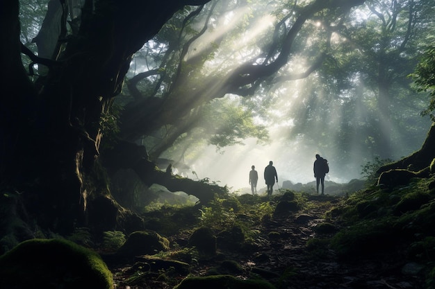 Photographie de personnes explorant des forêts enchantées dans la brume du matin