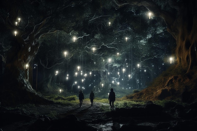 Photographie de personnes explorant des forêts enchantées la nuit